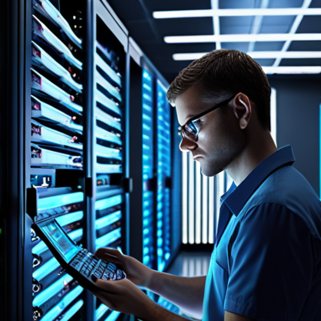 **System Administrator:** A focused system administrator diligently managing network security, surrounded by glowing server racks and complex data visualizations. The scene emphasizes expertise and control.