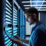 **System Administrator:** A focused system administrator diligently managing network security, surrounded by glowing server racks and complex data visualizations. The scene emphasizes expertise and control.