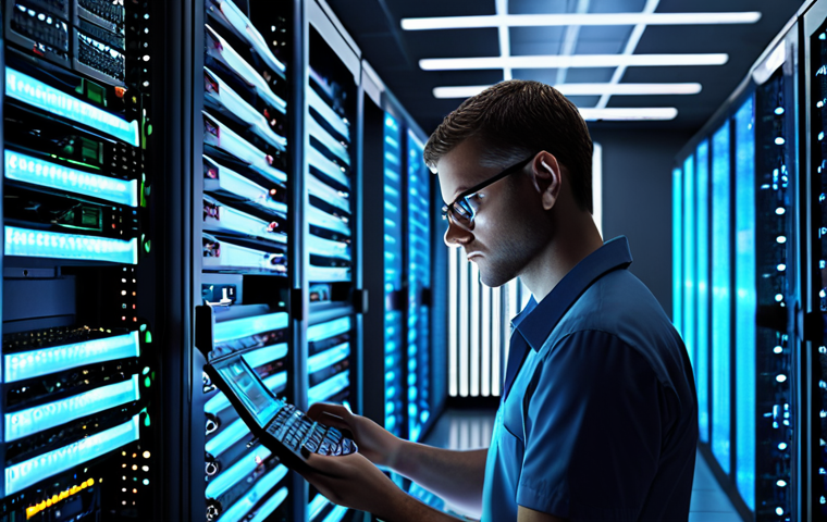 **System Administrator:** A focused system administrator diligently managing network security, surrounded by glowing server racks and complex data visualizations. The scene emphasizes expertise and control.