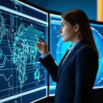 A professional cybersecurity analyst, fully clothed in a modest business suit, observing a large, futuristic display showing intricate, abstract data streams and glowing representations of network activity, emphasizing proactive AI-driven threat detection. The setting is a clean, modern security operations center (SOC) with high-tech digital interfaces and subtle ambient lighting. The analyst is in a natural pose, looking focused and calm. safe for work, appropriate content, fully clothed, professional, perfect anatomy, correct proportions, well-formed hands, proper finger count, natural body proportions, high-quality digital illustration, cinematic lighting.