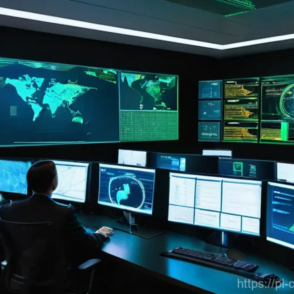사이버 보안 자동화 도구와 기업 보안 문화 - **Prompt:** A futuristic, high-tech cybersecurity operations center. The room is dimly lit with cool...