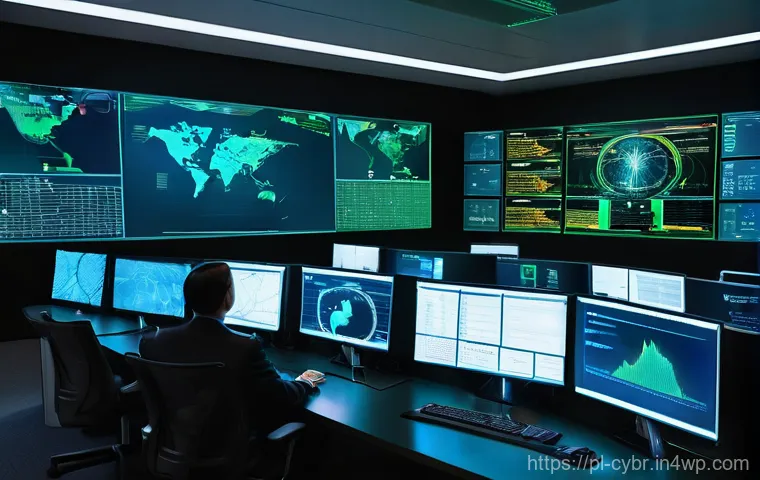 사이버 보안 자동화 도구와 기업 보안 문화 - **Prompt:** A futuristic, high-tech cybersecurity operations center. The room is dimly lit with cool...