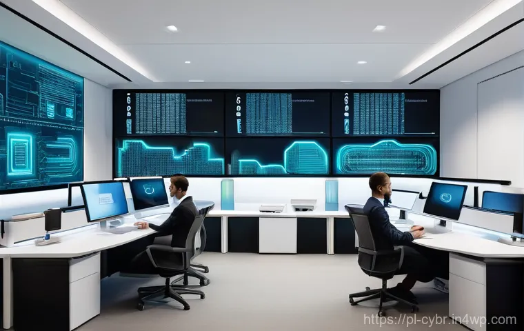 사이버 보안 자동화 도구와 기업 보안 문화 - **Prompt:** A futuristic, high-tech cybersecurity operations center. The room is dimly lit with cool...