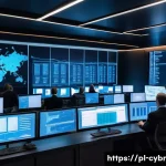 Home 22 사이버 보안 자동화 도구의 금융 부문 적용 - A high-tech financial security operations center in Warsaw, Poland, featuring diverse professionals ...