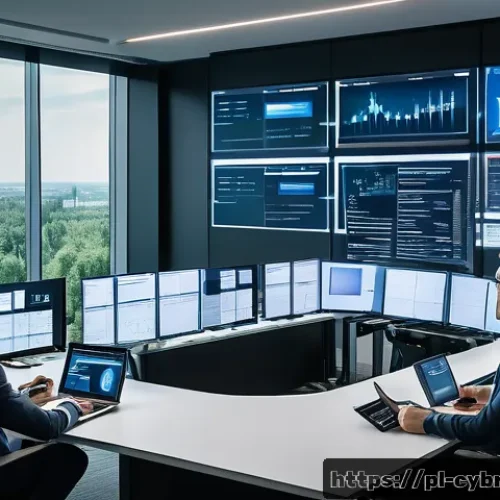 Home 31 사이버 보안 자동화 도구의 벤더 선택 가이드 - A modern corporate office environment in Warsaw, Poland, showcasing a cybersecurity team working tog...