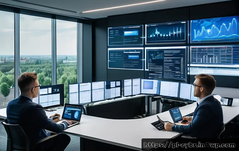 사이버 보안 자동화 도구의 벤더 선택 가이드 - A modern corporate office environment in Warsaw, Poland, showcasing a cybersecurity team working tog...