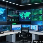 Home 23 사이버 공격 탐지를 위한 자동화 도구 - A modern corporate IT security control room with multiple large screens displaying real-time network...