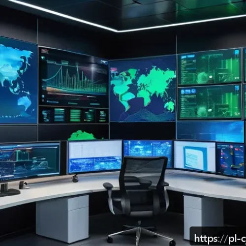 Home 17 사이버 공격 탐지를 위한 자동화 도구 - A modern corporate IT security control room with multiple large screens displaying real-time network...