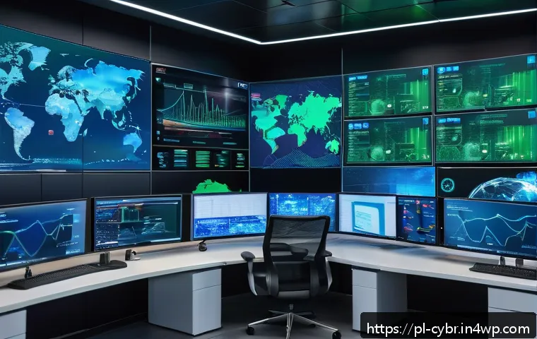 사이버 공격 탐지를 위한 자동화 도구 - A modern corporate IT security control room with multiple large screens displaying real-time network...